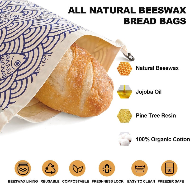 Augine Beeswax Bread Bags for Sourdough, Reusable Bread Bags for Homemade Bread, 2 Pack Natural Cotton Beeswax Storage, Natural Cotton Beeswax Bags, Large Capacity - Image 3